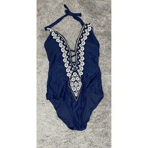 Kona Sol Medium Coverage One Piece Swim Suit Womens Size S Blue White